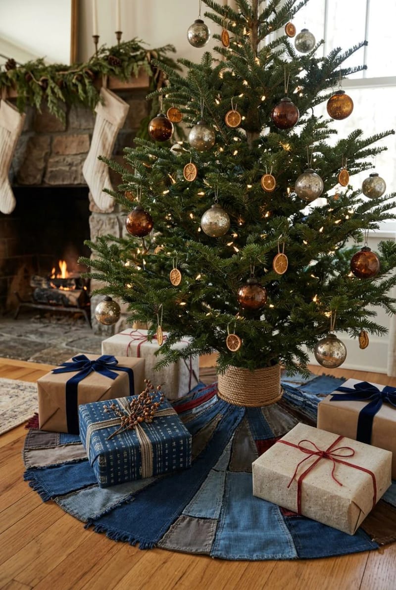 12 Denim Christmas Tree Skirt Ideas to Make From Upcycled Jeans 21 crazy-quilt denim mixed with other salvage 1