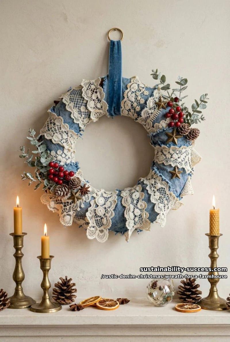 12 Rustic Denim Christmas Wreath Ideas for a Farmhouse Door 16 denim and antique lace wreath 1