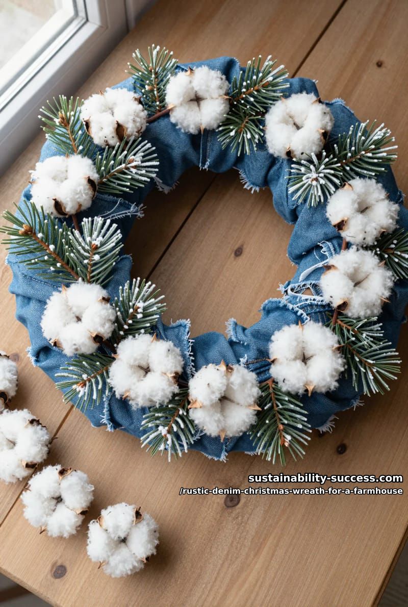 12 Rustic Denim Christmas Wreath Ideas for a Farmhouse Door 9 denim and cotton boll wreath with pine sprigs 1