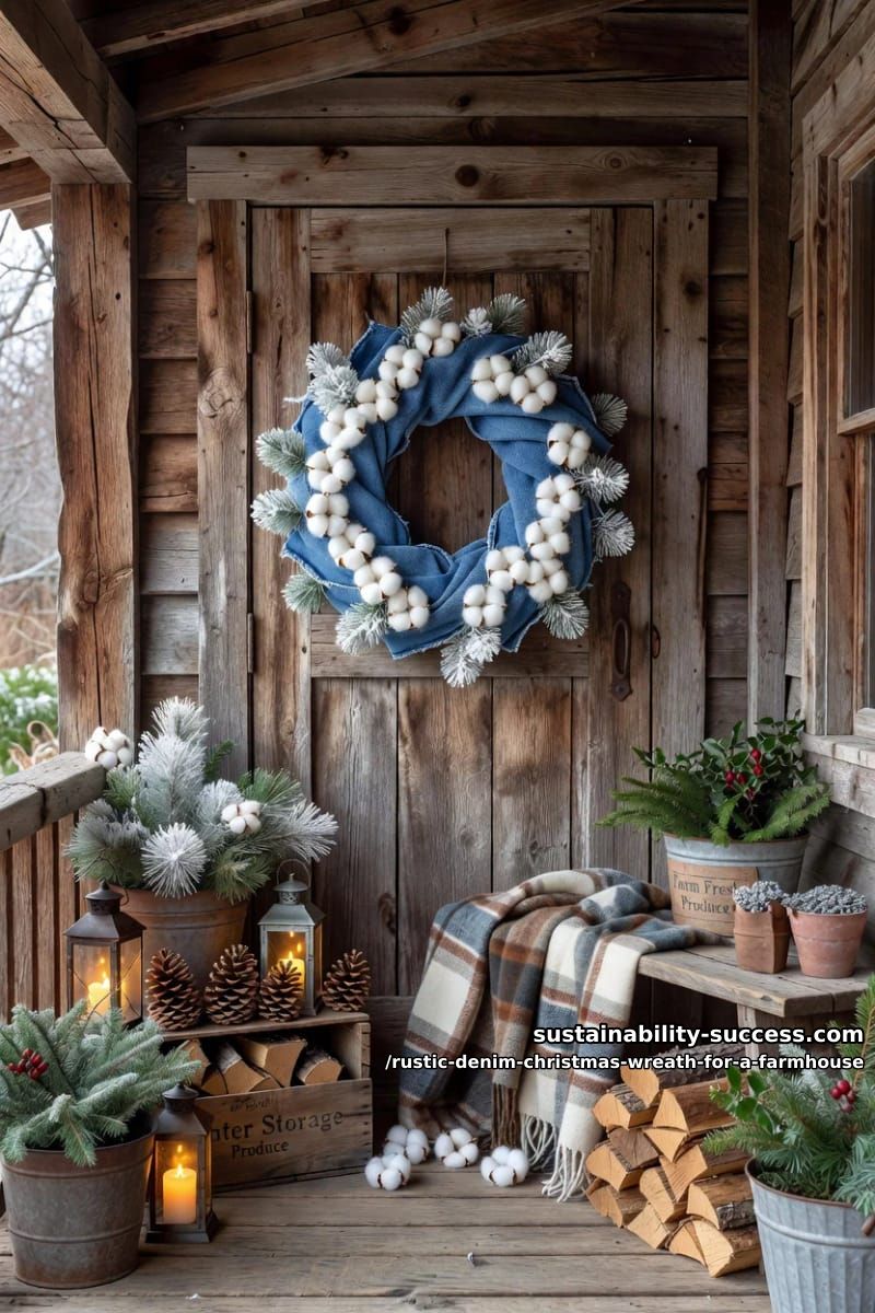 12 Rustic Denim Christmas Wreath Ideas for a Farmhouse Door 10 denim and cotton boll wreath with pine sprigs 1