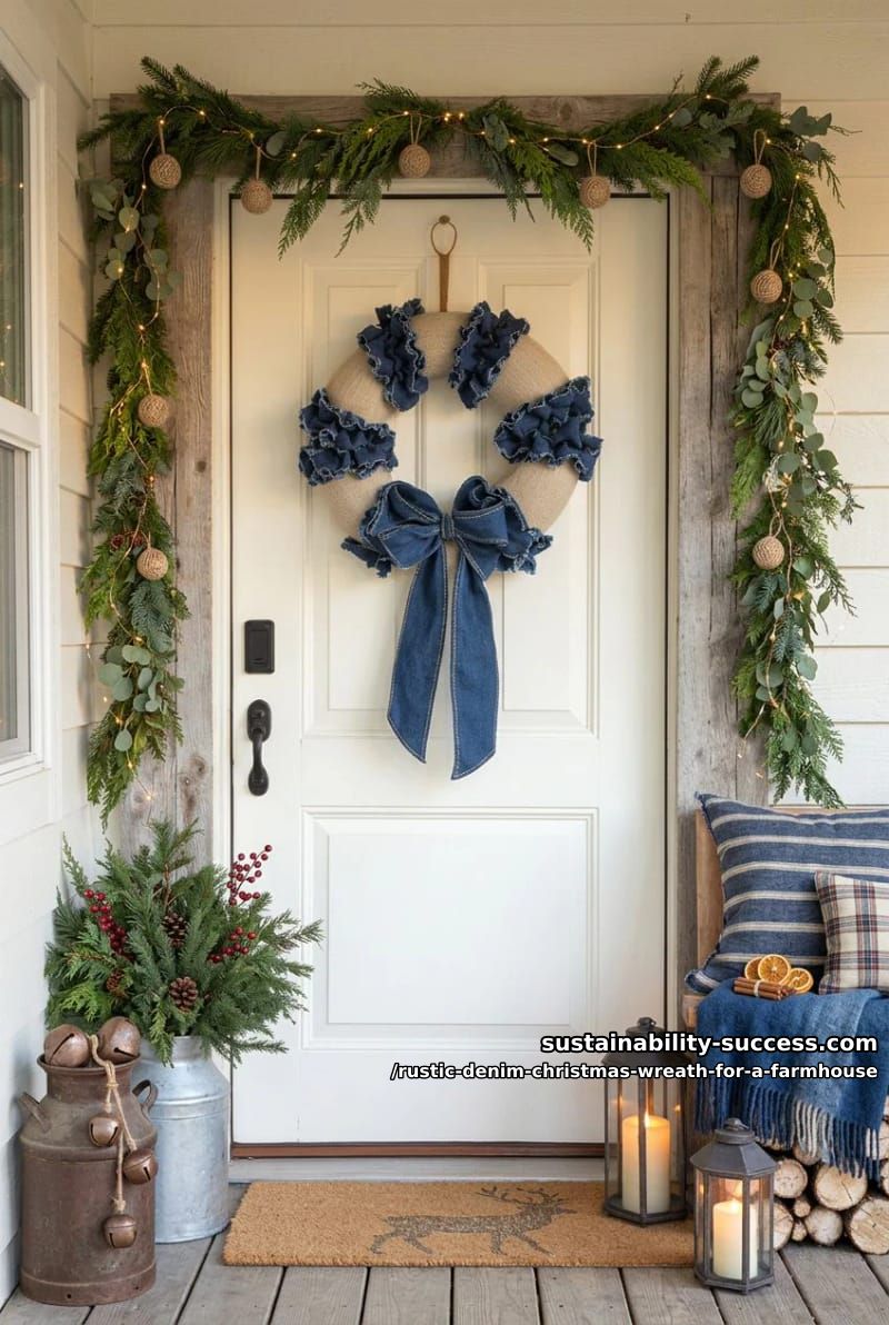 12 Rustic Denim Christmas Wreath Ideas for a Farmhouse Door 13 denim and grain-sack stripe wreath 1