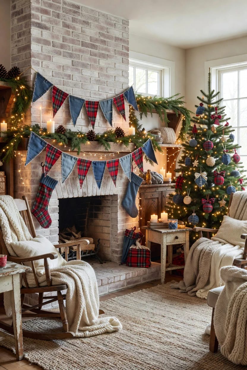 10 DIY Denim Christmas Garland Ideas to Make From Old Jeans 18 denim and plaid pennant bunting for the mantel 1