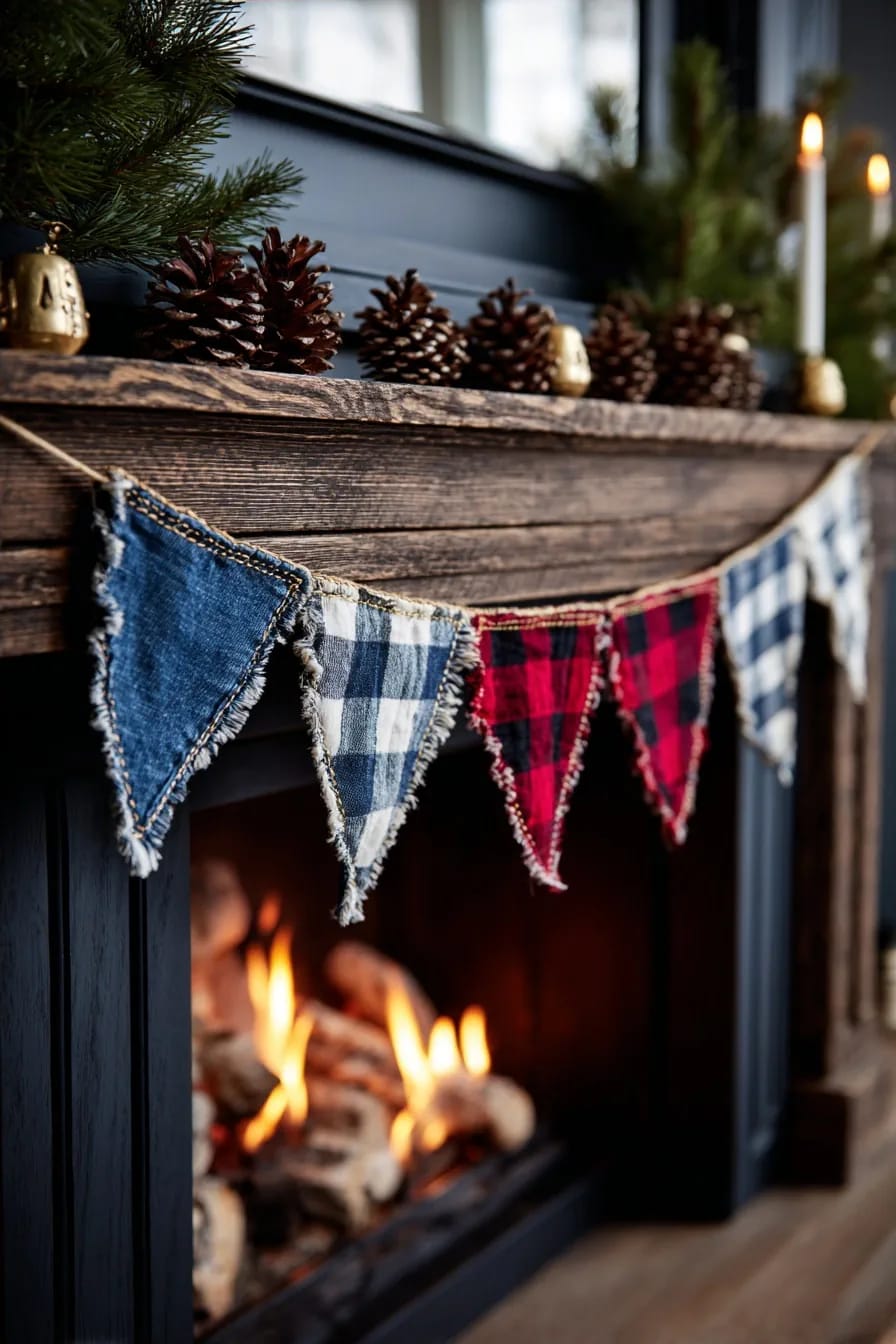 10 DIY Denim Christmas Garland Ideas to Make From Old Jeans 19 denim and plaid pennant bunting for the mantel 1