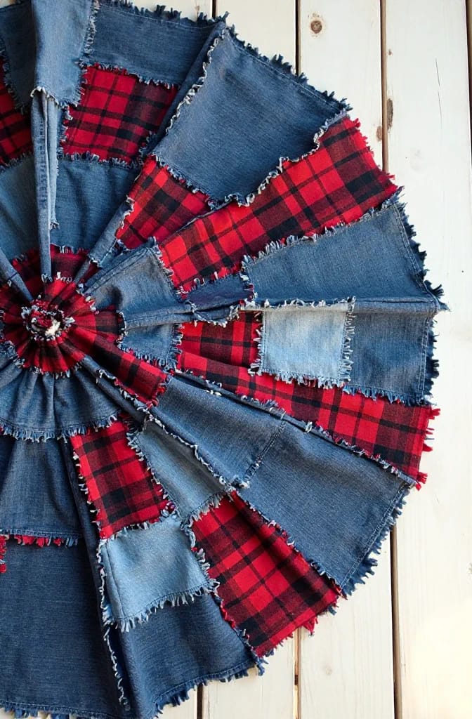 12 Denim Christmas Tree Skirt Ideas to Make From Upcycled Jeans 15 denim and red flannel plaid patchwork skirt 1