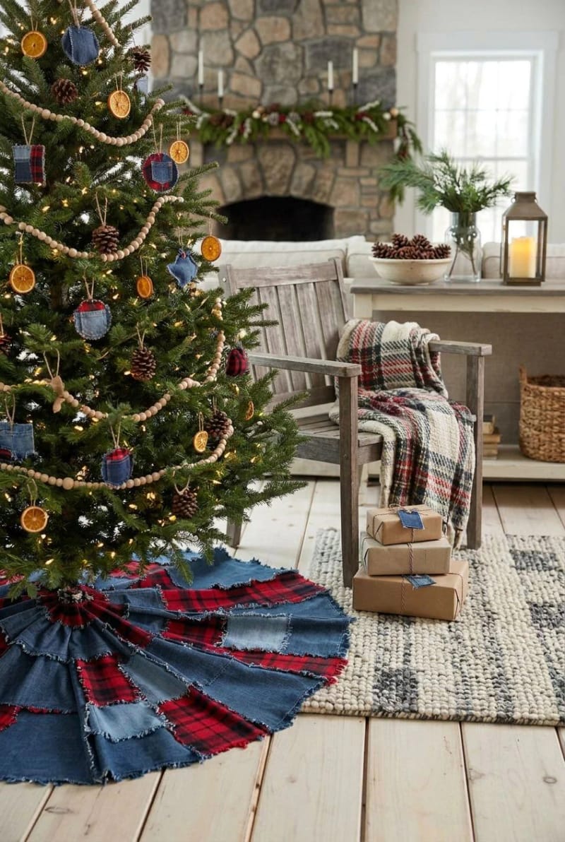 12 Denim Christmas Tree Skirt Ideas to Make From Upcycled Jeans 16 denim and red flannel plaid patchwork skirt 1