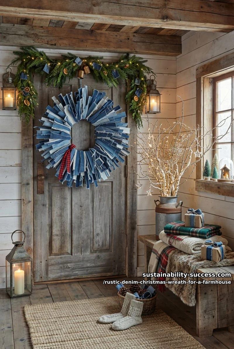 12 Rustic Denim Christmas Wreath Ideas for a Farmhouse Door 3 denim rag-tie wreath on a wire frame 1