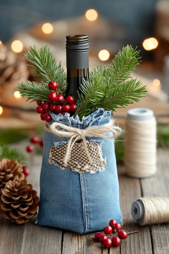 denim wine bottle bag from one jeans leg 3