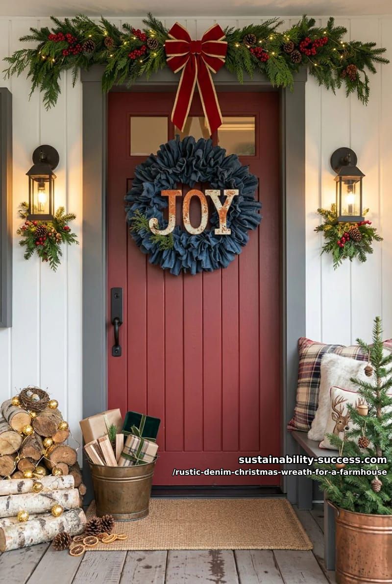 12 Rustic Denim Christmas Wreath Ideas for a Farmhouse Door 20 denim wreath with a joy metal sign 1