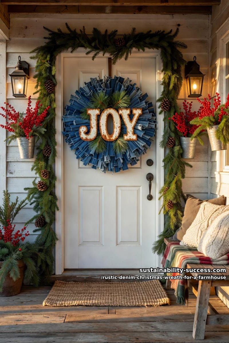 12 Rustic Denim Christmas Wreath Ideas for a Farmhouse Door 21 denim wreath with a joy metal sign 1