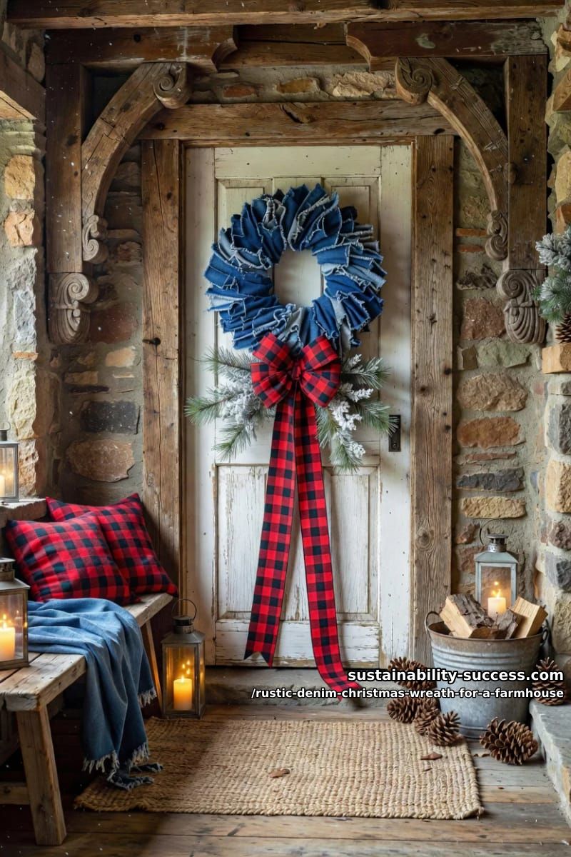 12 Rustic Denim Christmas Wreath Ideas for a Farmhouse Door 8 denim wreath with a red buffalo-check bow 1