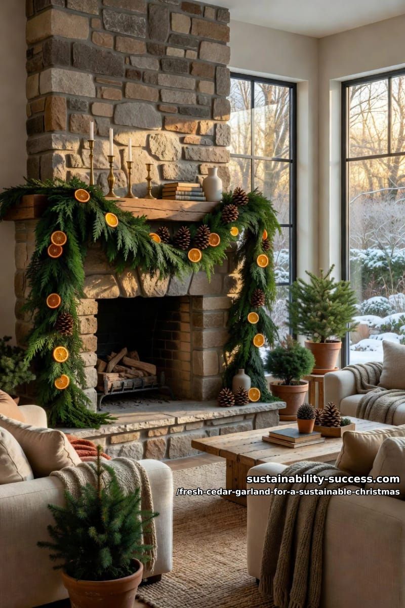 Fresh Cedar Garland for a Sustainable Christmas 6 drape the mantel in cedar, dried citrus, and pinecones 1
