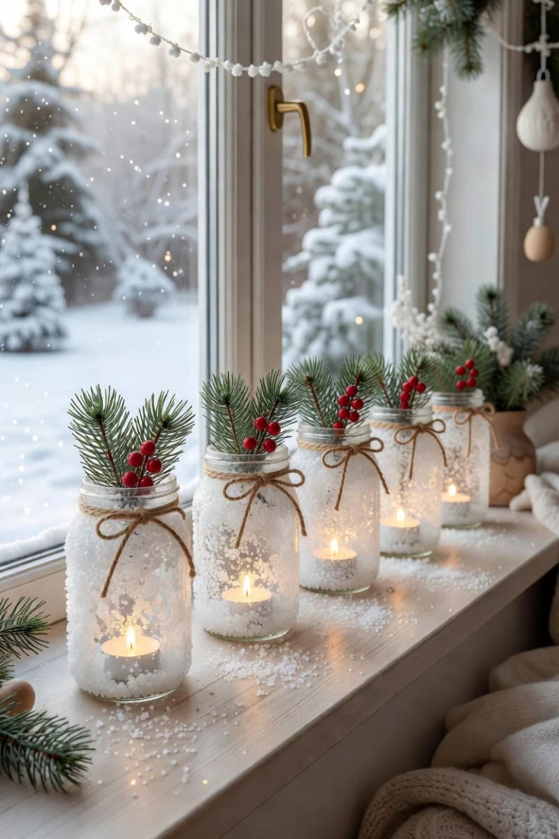 11 Mason Jar Christmas Centerpieces That Let the Greenery Do the Work 9 epsom salt frosted jars with a single greenery sprig 1