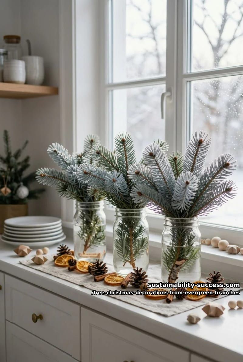 7 Free Christmas Decorations You Can Make From Evergreen Branches 6 evergreen branches standing in glass jars 1