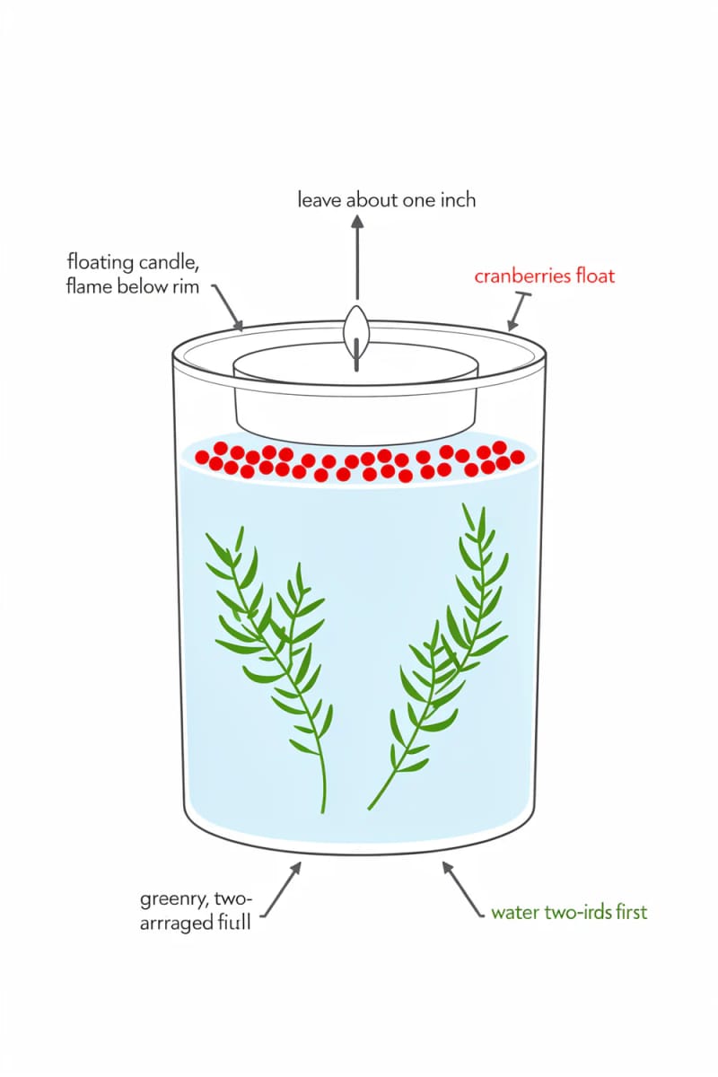 11 Mason Jar Christmas Centerpieces That Let the Greenery Do the Work 8 floating candles over cranberries and greenery 1
