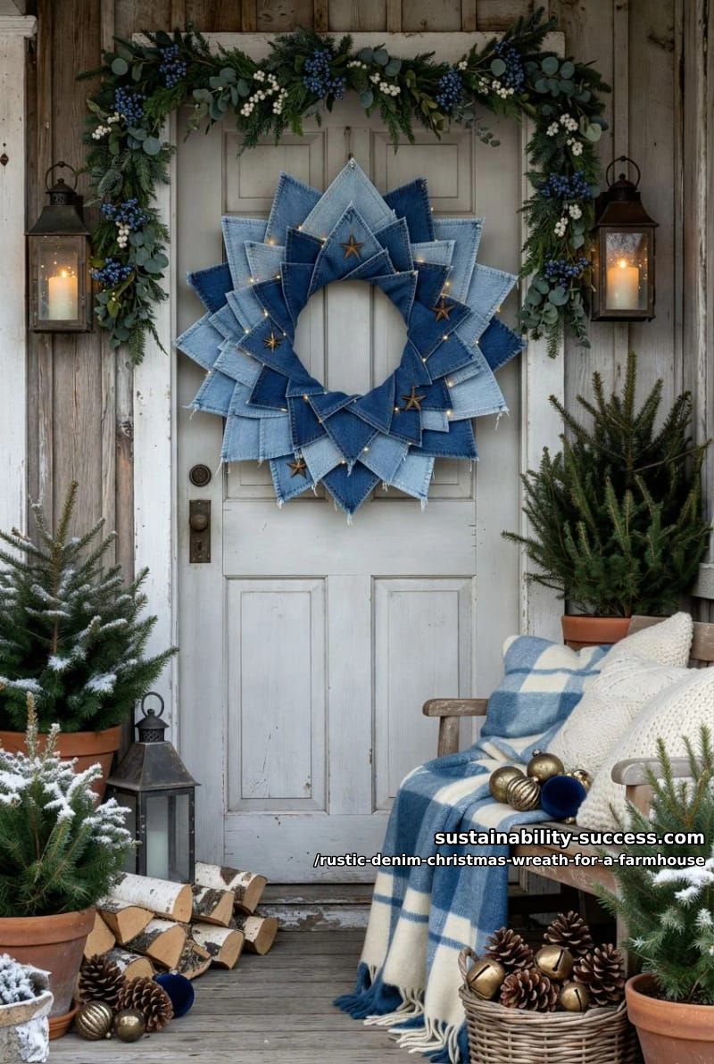 12 Rustic Denim Christmas Wreath Ideas for a Farmhouse Door 4 folded denim shingle wreath 1