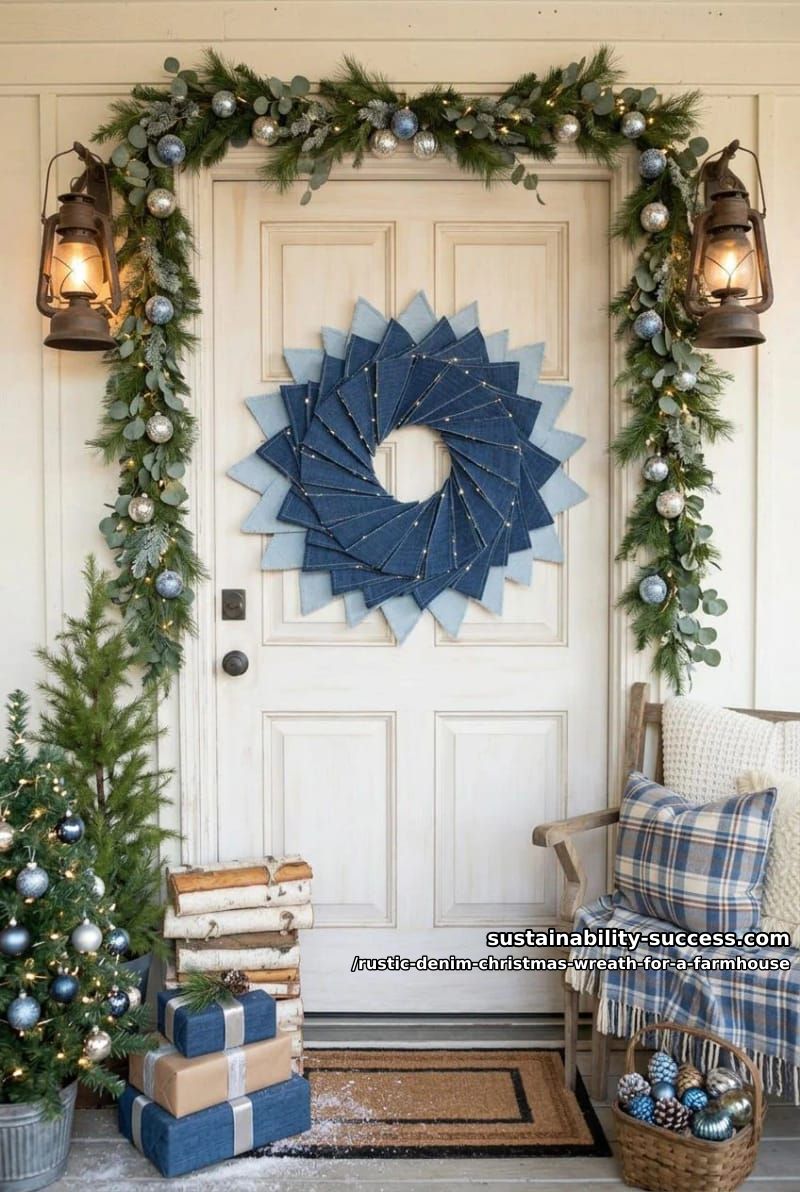 12 Rustic Denim Christmas Wreath Ideas for a Farmhouse Door 5 folded denim shingle wreath 1