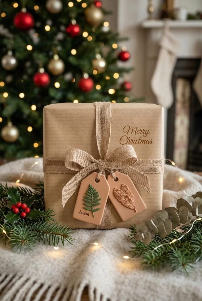 A Christmas gift wrapped in brown paper and twine, decorated with air dry clay ornaments featuring pressed fern and leaf imprints, set in front of a decorated Christmas tree with festive greenery and holiday lights, illustrating foraged-leaf gift tags.