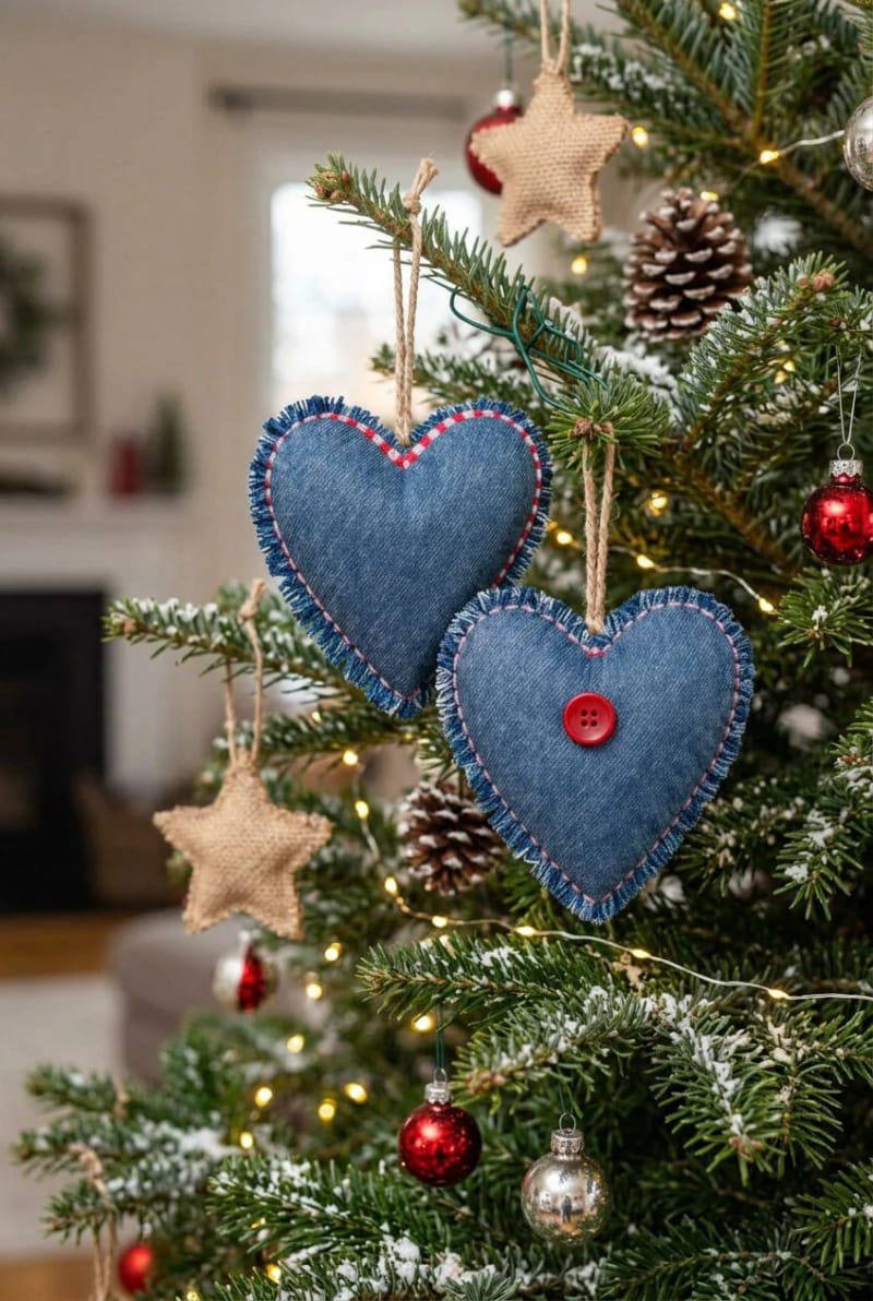 Upcycled Denim Christmas Ornaments From Old Jeans 9 frayed denim hearts 1
