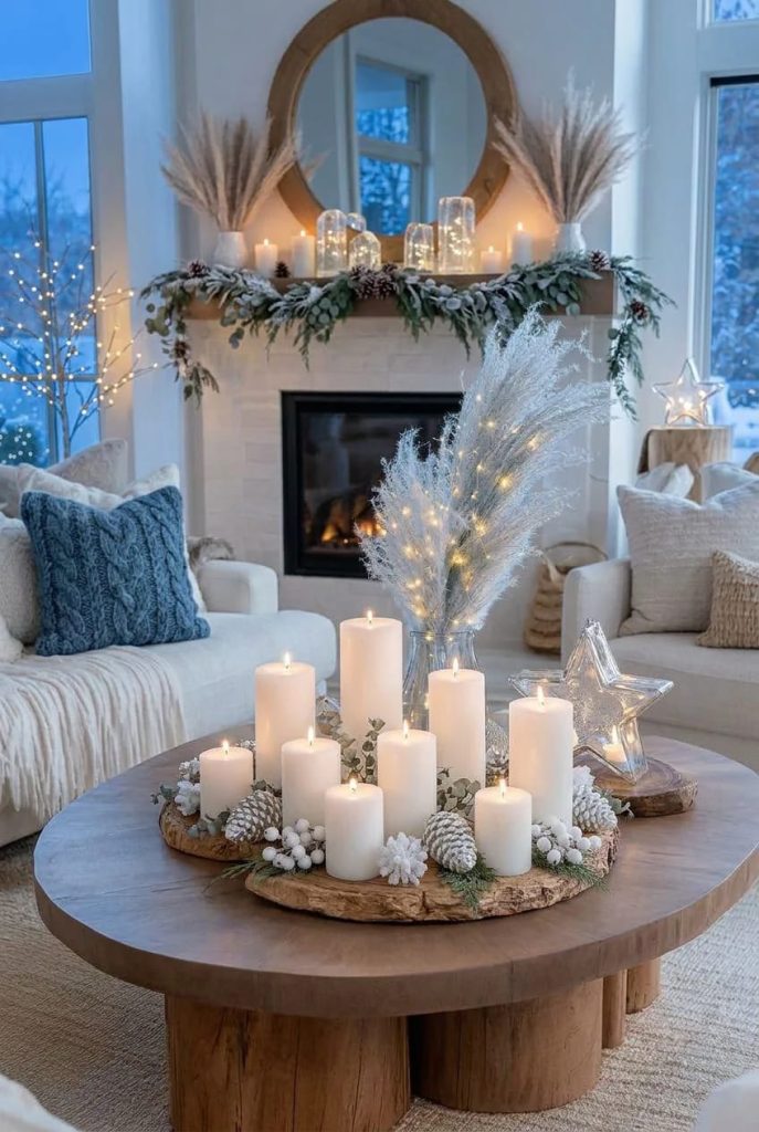 Sustainability Success 9 A cozy living room featuring neutral winter mantel decor without red or green, including white candles, frosted pinecones, pampas grass, and warm string lights on a mantel and coffee table, creating a soft and inviting atmosphere with the correct light temperature.