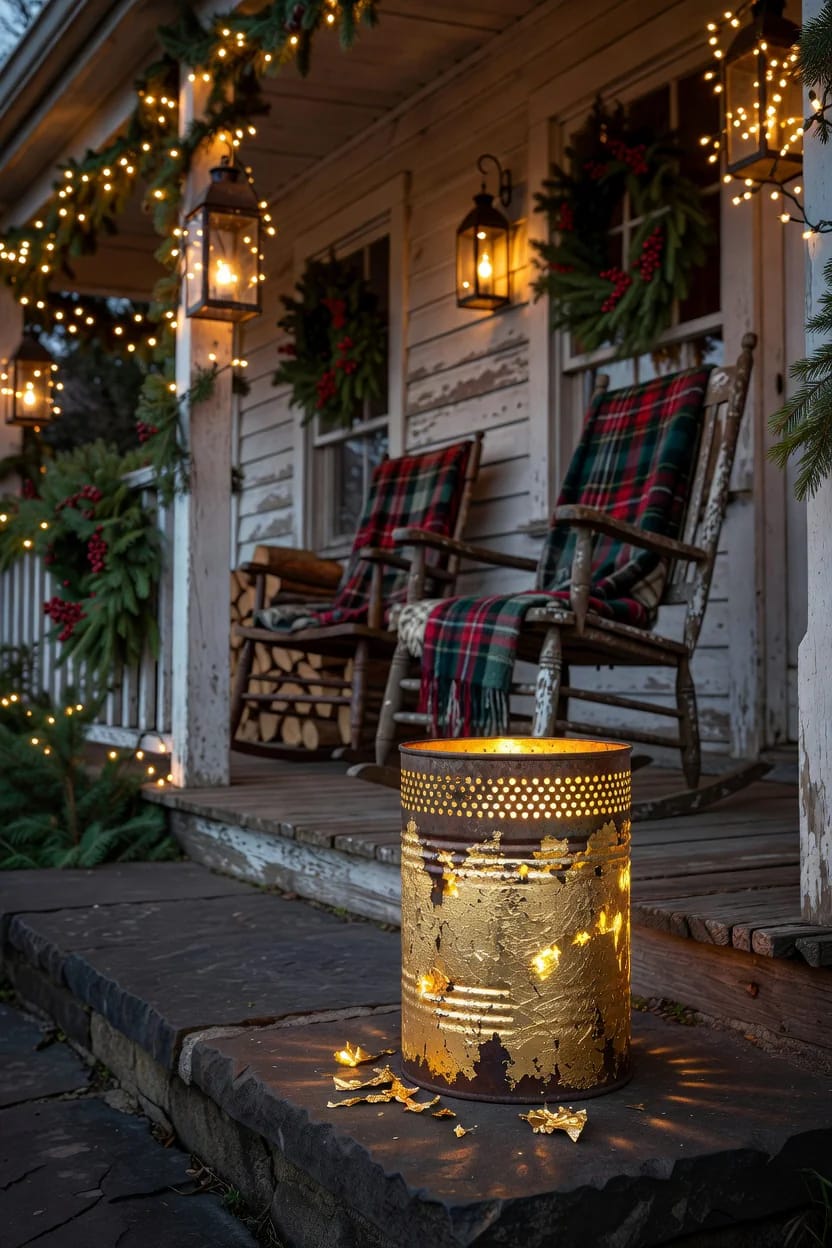 Punched Tin Can Luminaries for an Outdoor Christmas 10 gold-leafed and copper-toned luminaries for the front door 1