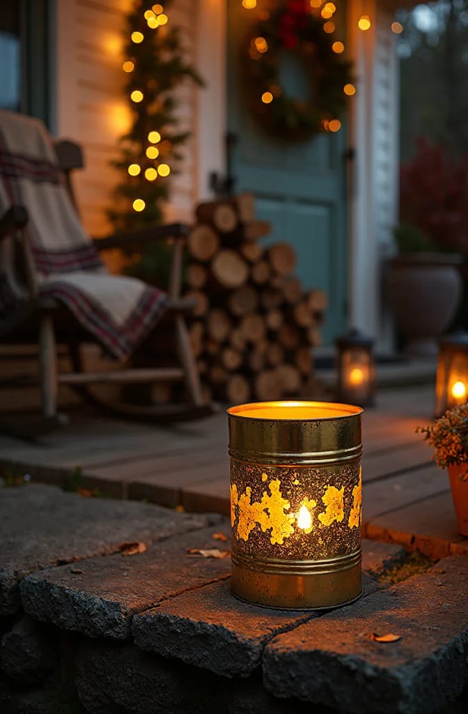 Punched Tin Can Luminaries for an Outdoor Christmas 9 gold-leafed and copper-toned luminaries for the front door 1