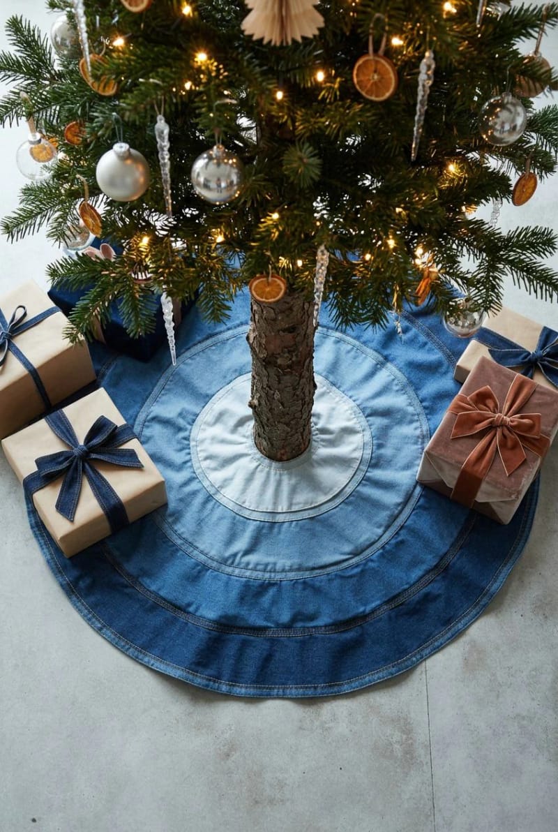 12 Denim Christmas Tree Skirt Ideas to Make From Upcycled Jeans 9 graduated wash, pale center to dark hem 1