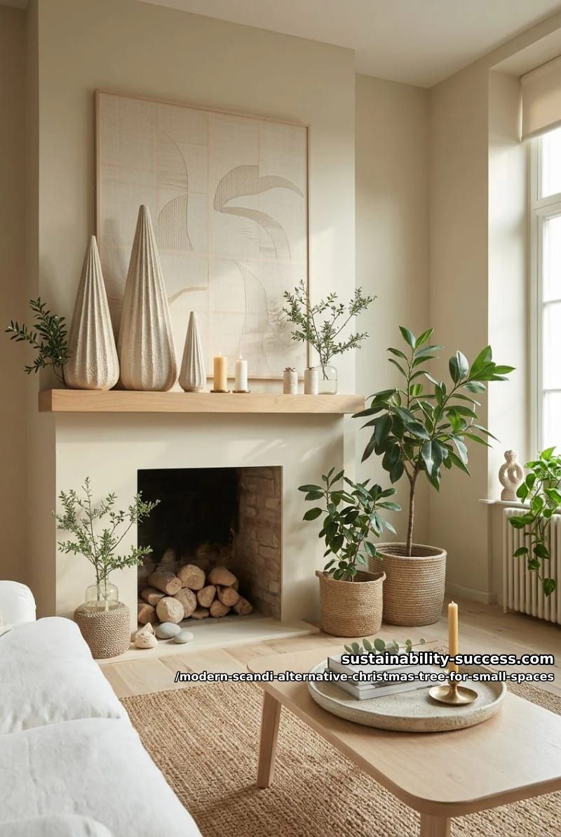 group three sculptural cone trees on the mantel 1
