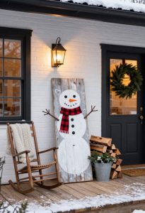 13 Reclaimed Pallet Christmas Signs for a Farmhouse (That Don't Look Store-Bought) 1 hand-painted snowman on a single wide pallet plank 14
