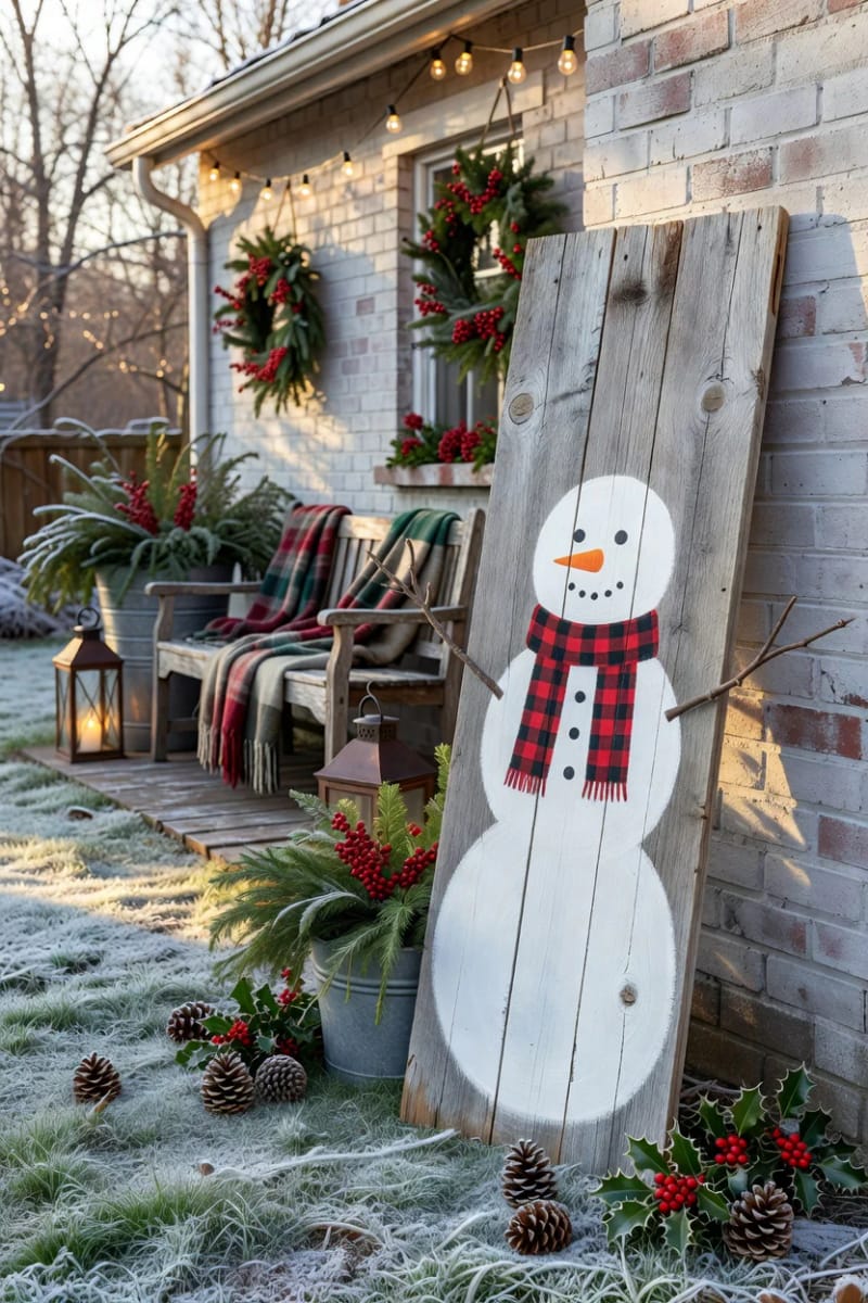 13 Reclaimed Pallet Christmas Signs for a Farmhouse (That Don't Look Store-Bought) 16 hand-painted snowman on a single wide pallet plank 1