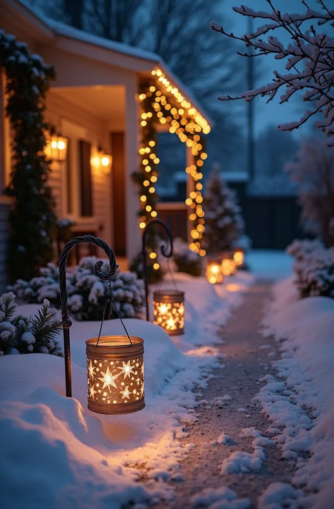 Punched Tin Can Luminaries for an Outdoor Christmas 12 hanging tin lanterns strung from a shepherd's hook 1