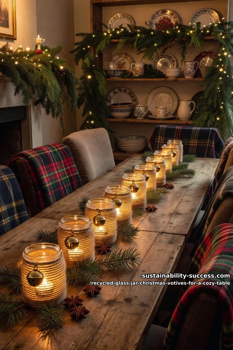 Recycled Glass Jar Christmas Votives That Actually Glow on a Cozy Table 11 jute-wrapped jars with a small brass bell 10