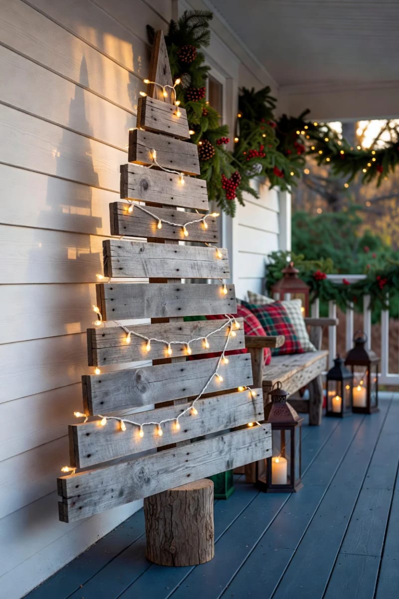 Pallet Wood Christmas Crafts for Beginners That Don't Look Like Scrap Lumber 4 leaning pallet christmas tree for the porch 1