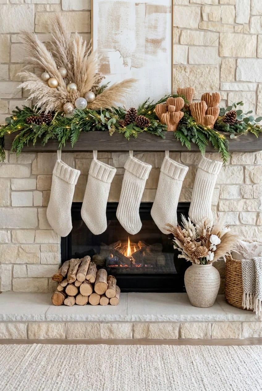 Neutral Winter Mantel Decor Without Red and Green (Warm, Not Washed-Out) 4 let texture do the job color used to do 1
