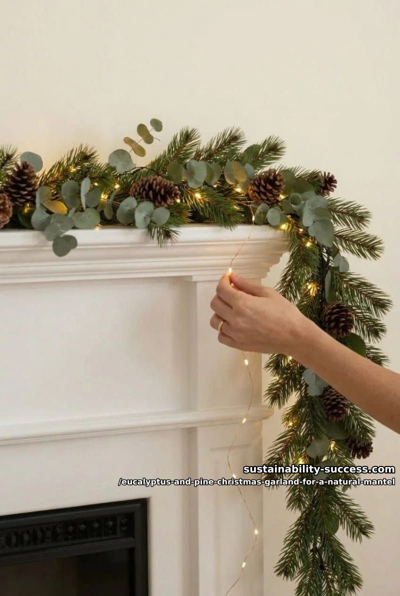 How to Make a Eucalyptus and Pine Christmas Garland for a Natural Mantel 6 lights, pinecones, and the layer that finishes it 1
