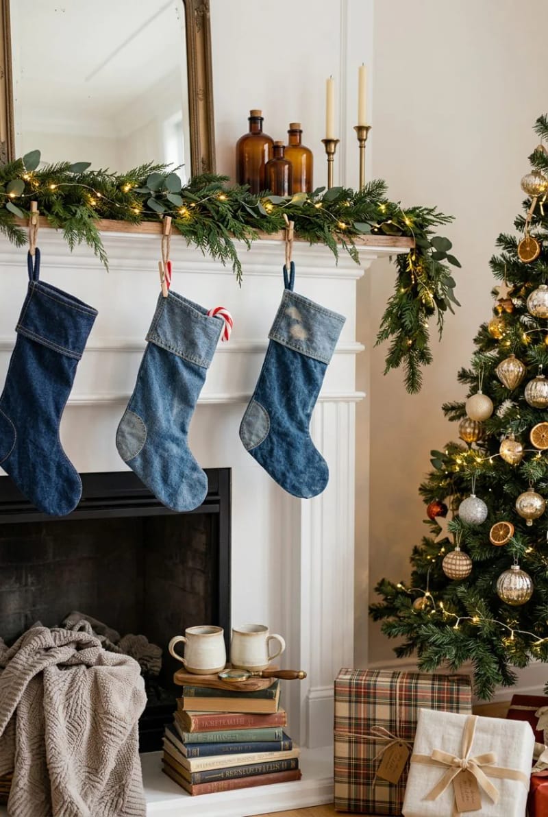 Upcycled Denim Christmas Ornaments From Old Jeans 11 little denim stockings 1