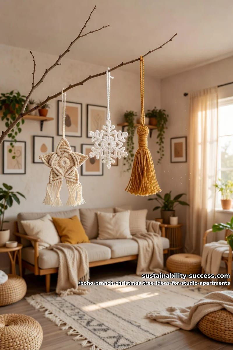 macrame and crochet ornaments on a branch tree 1