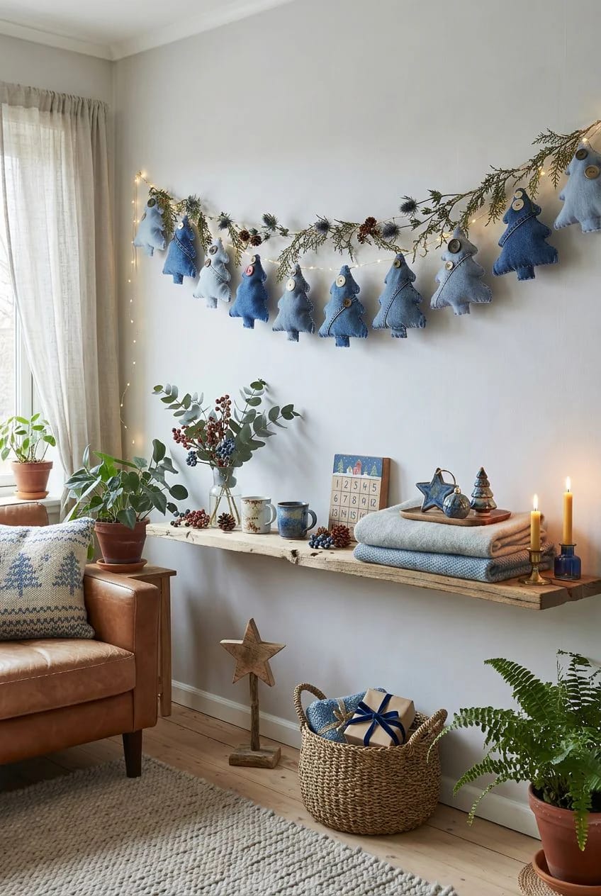 10 DIY Denim Christmas Garland Ideas to Make From Old Jeans 12 mini denim christmas trees with button trims 1