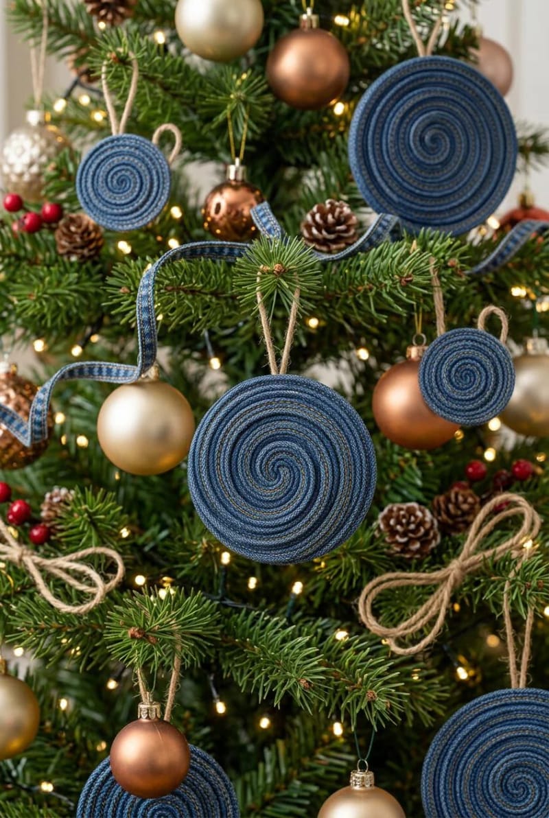 Upcycled Denim Christmas Ornaments From Old Jeans 4 no-sew denim seam coils 1
