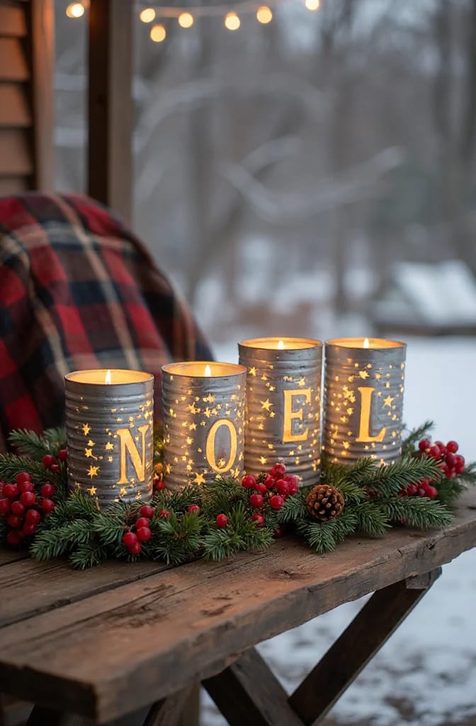 Punched Tin Can Luminaries for an Outdoor Christmas 4 noel or joy spelled across a row of cans 1