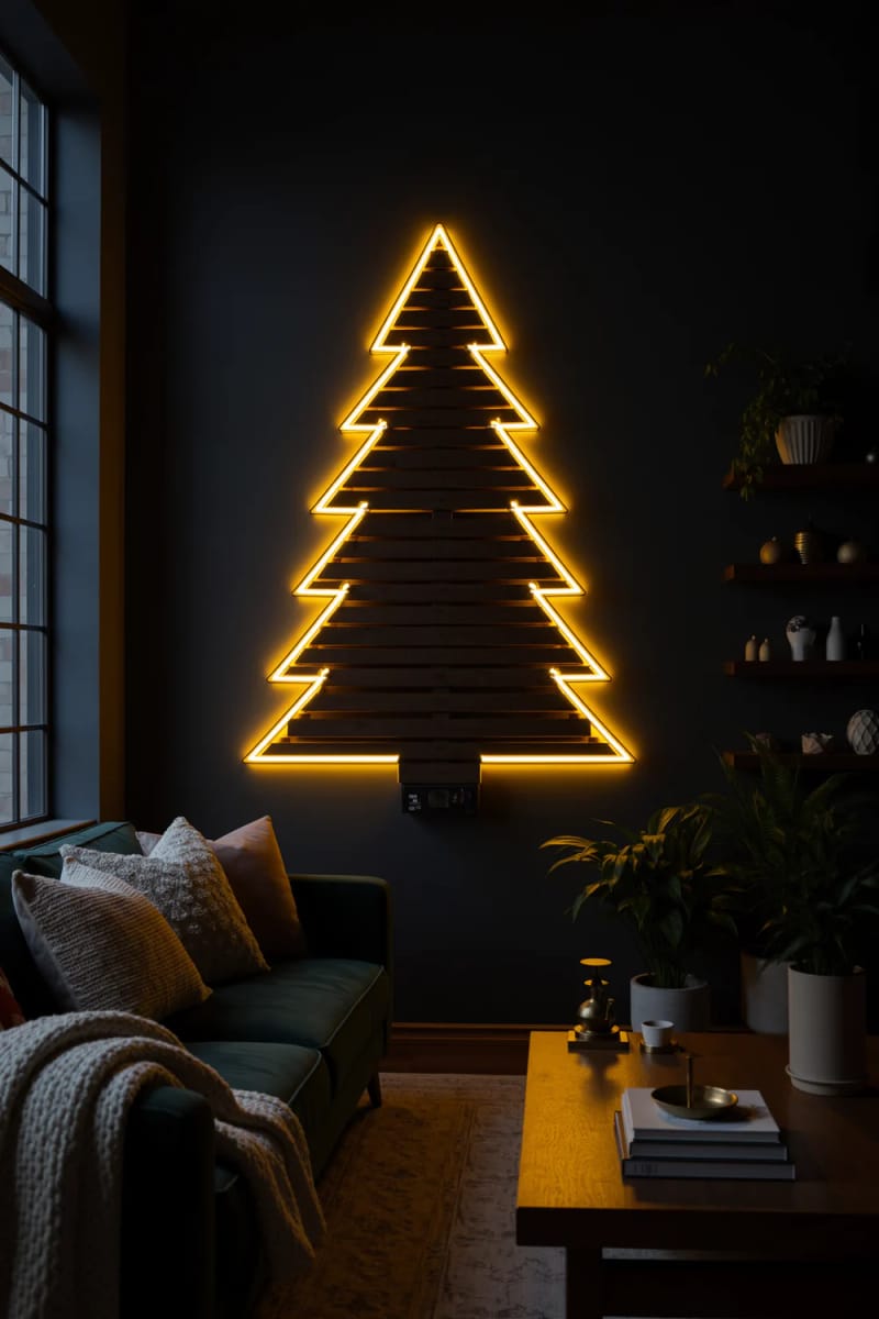 11 Wall-Mounted Pallet Christmas Tree Ideas With Lights for Small Spaces 12 outline it in neon rope or el wire for a modern glow 1