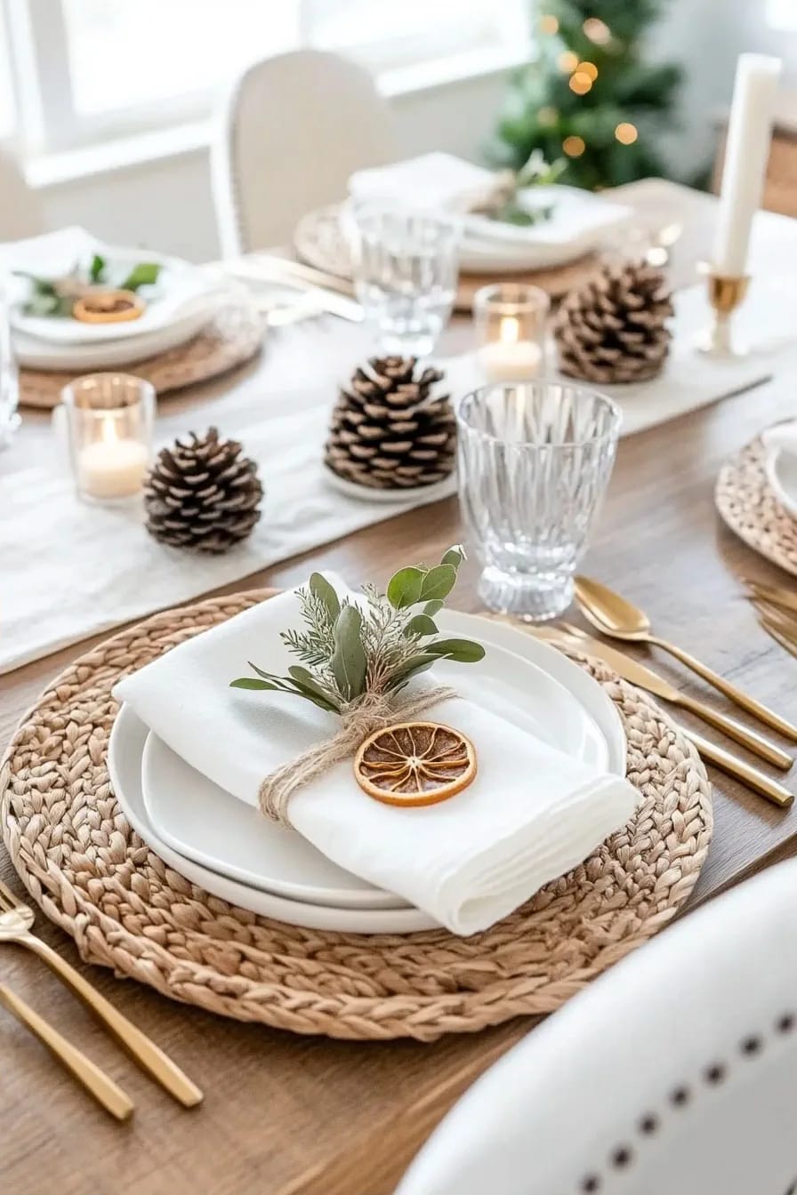 Natural Christmas Place Settings With Foraged Sprigs: 9 Ways to Set the Table 12 pair eucalyptus with a dried orange slice at every seat 1