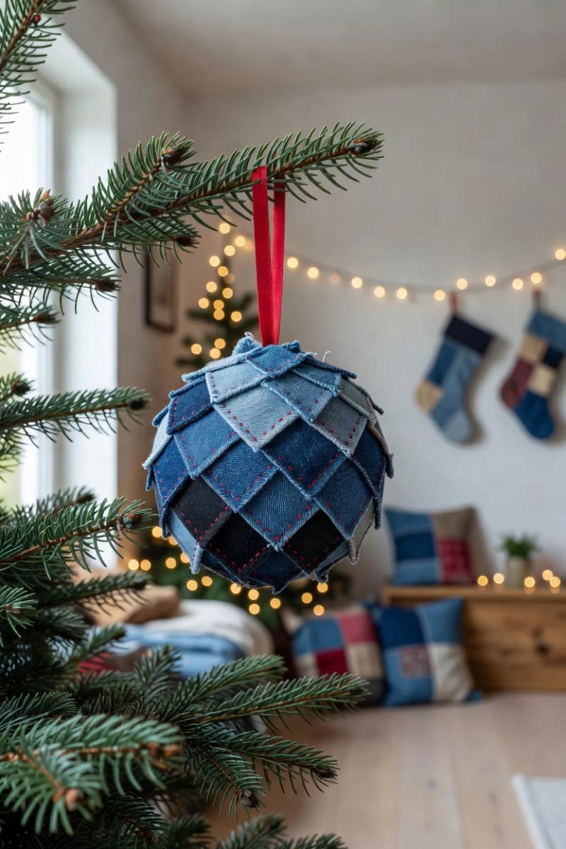 Upcycled Denim Christmas Ornaments From Old Jeans 13 patchwork denim baubles 1