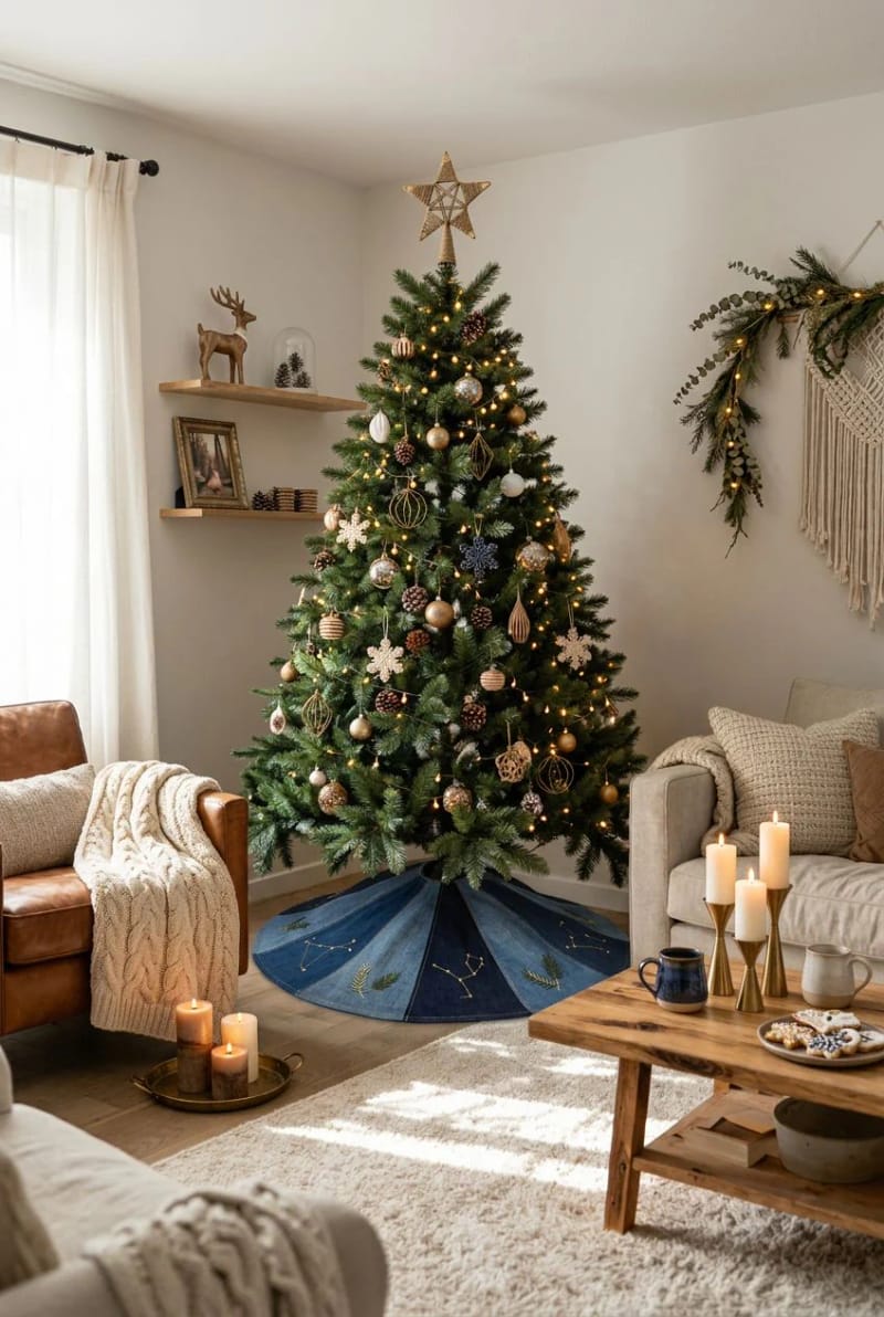 12 Denim Christmas Tree Skirt Ideas to Make From Upcycled Jeans 6 pie-wedge skirt cut from jean legs 1