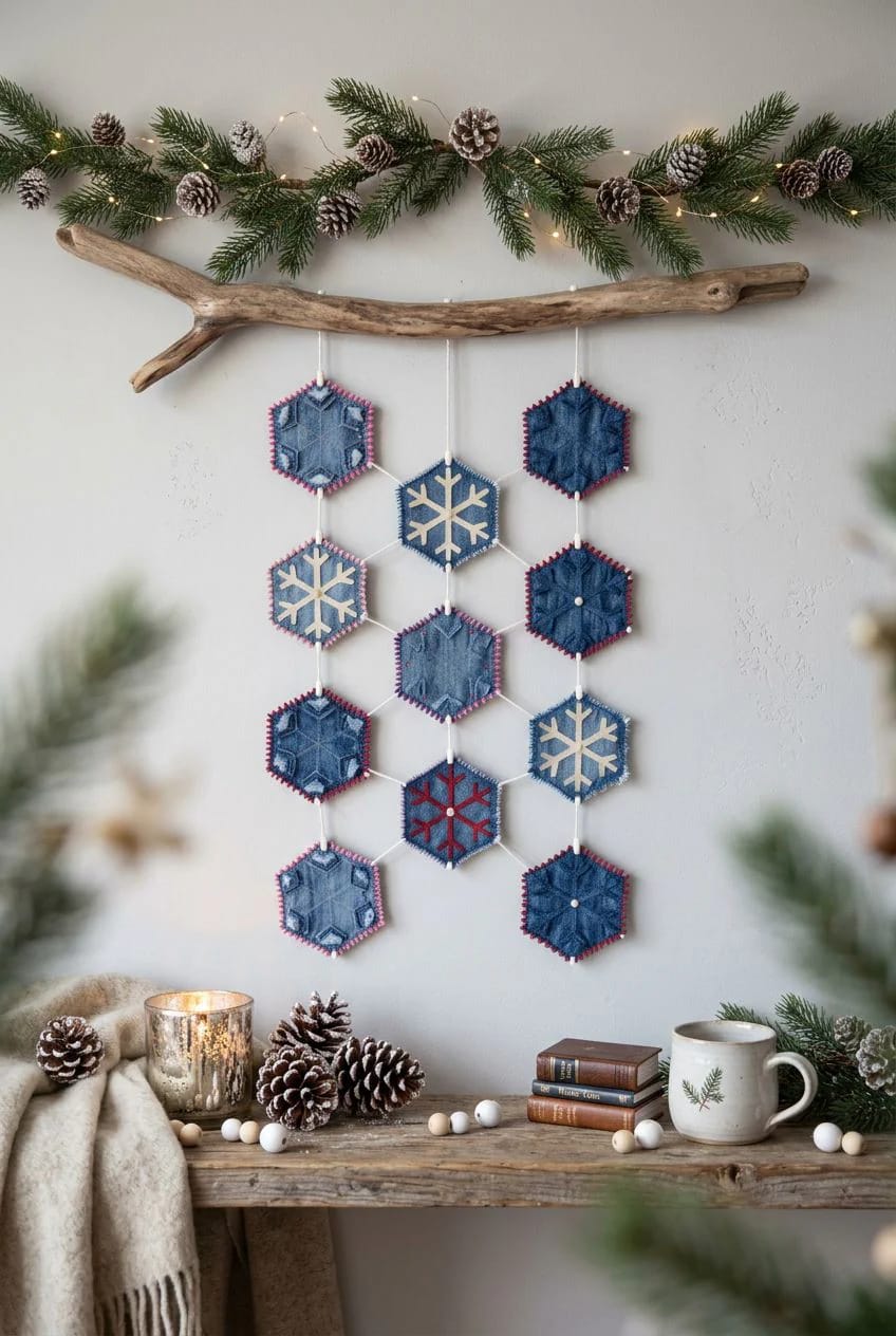 10 DIY Denim Christmas Garland Ideas to Make From Old Jeans 16 pinked denim snowflake garland 1