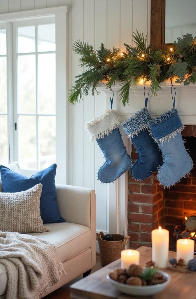 rag-quilt denim stocking with frayed seams 1