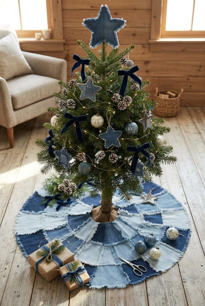 12 Denim Christmas Tree Skirt Ideas to Make From Upcycled Jeans 3 rag-quilt frayed-edge denim tree skirt 1