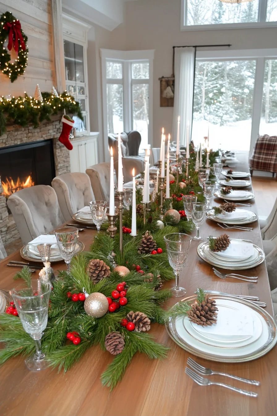 raise the candles above the pinecone line so the long table keeps its sightlines 1