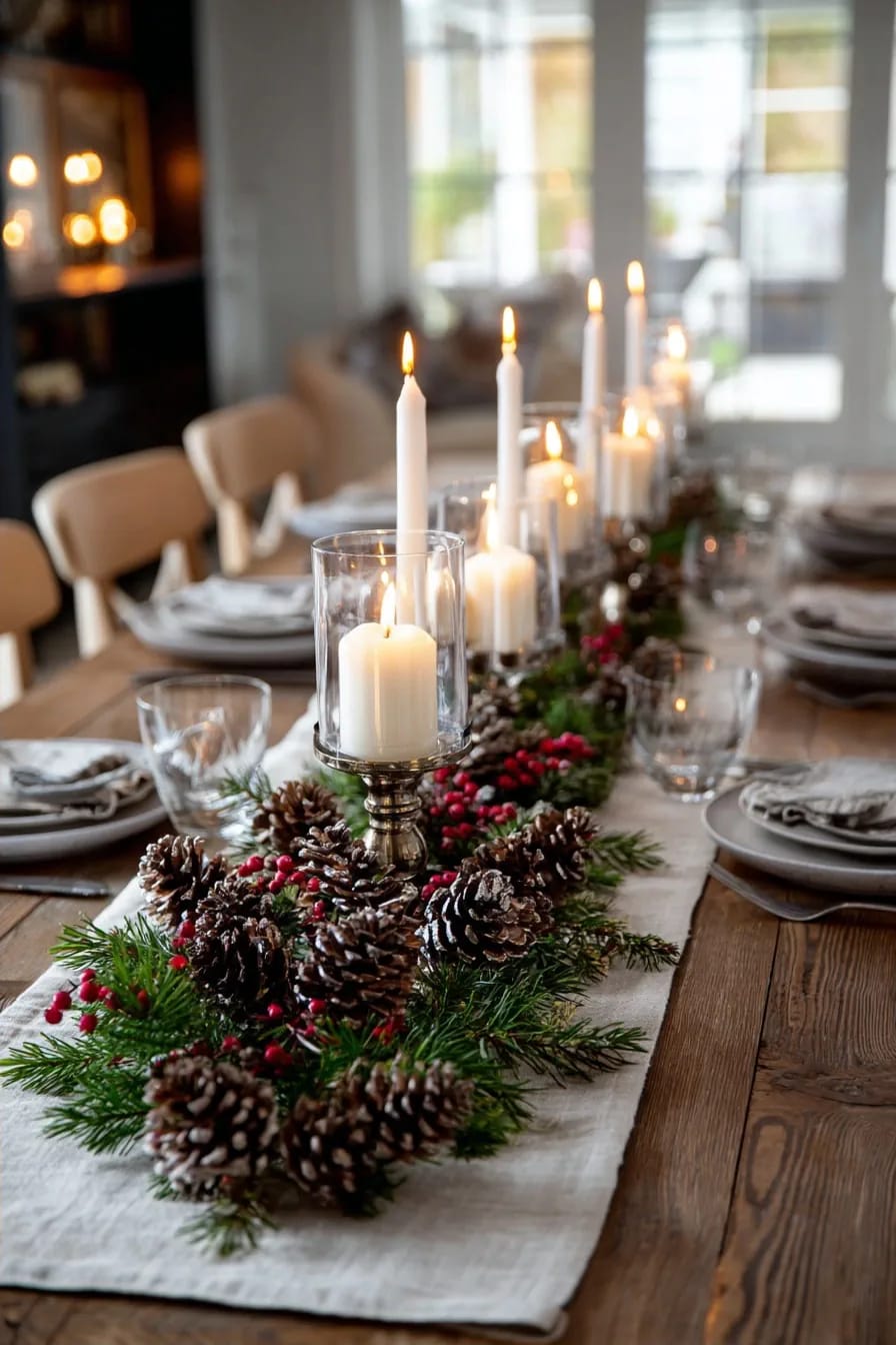 raise the candles above the pinecone line so the long table keeps its sightlines 1