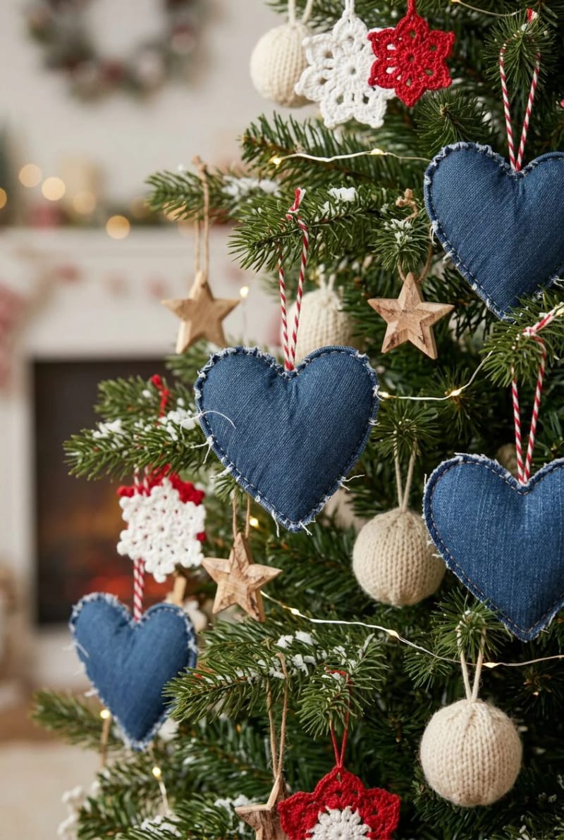 Old Jeans Christmas Decorations for Beginners: Start With the Makes That Forgive Mistakes 5 raw-edge denim hearts 1