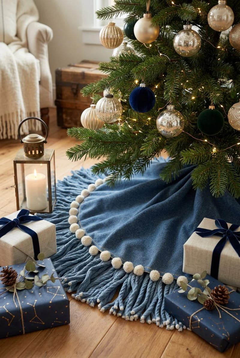 12 Denim Christmas Tree Skirt Ideas to Make From Upcycled Jeans 19 raw-fringe boho skirt with pom trim 1